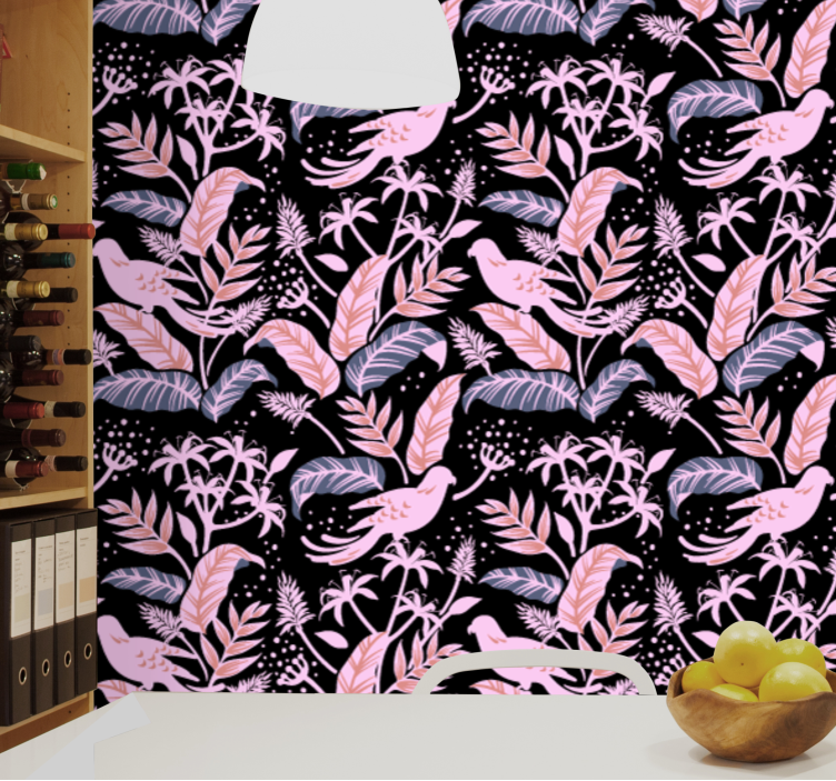 Papel de parede natureza Pássaros pretos e rosa nas folhas - TenStickers