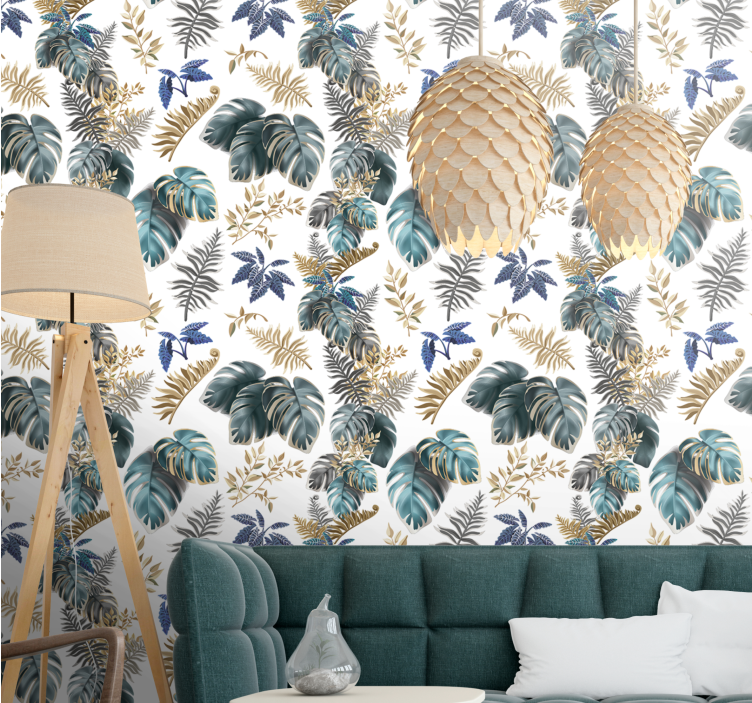 Papel de parede natureza Selvagem tropical dourado e azul - TenStickers