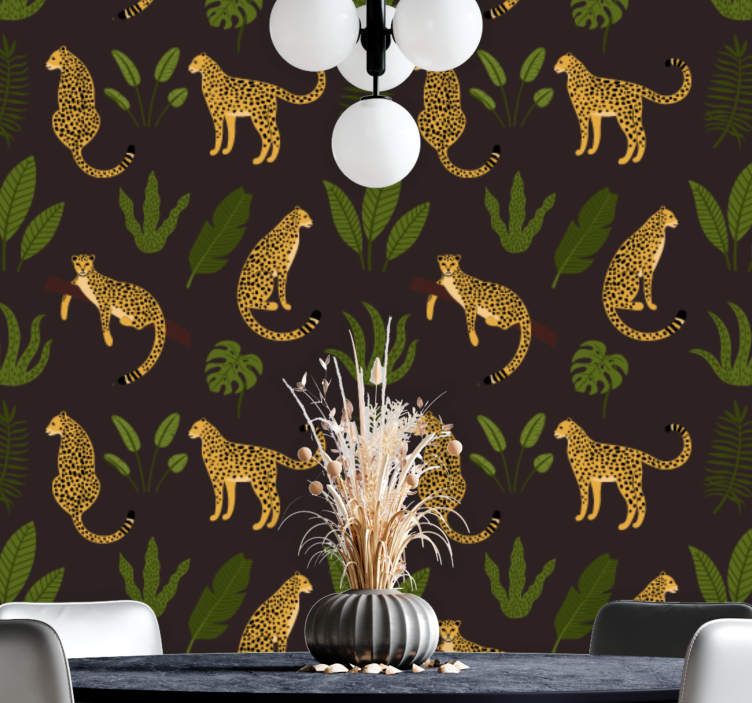 papel de parede para sala Folhas e leopardo selvagem - TenStickers