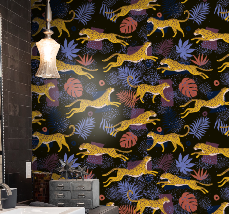 papel de parede para sala Folhas tropicais leopardos no escuro - TenStickers